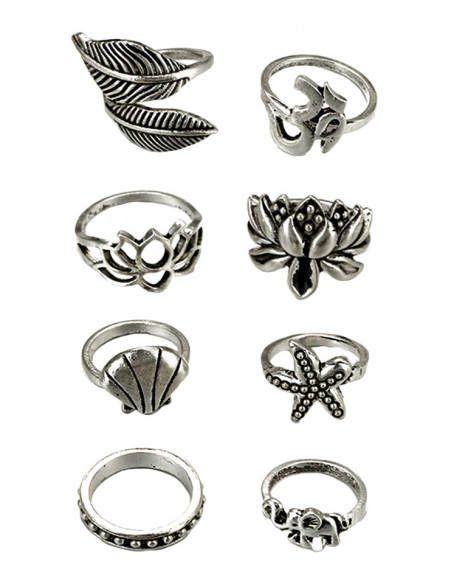 Set 8 inele etnice, cu lotus, stea de mare, scoica, frunze si elefantel