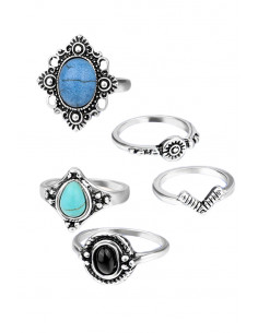 Set 5 inele etnice, modele variate cu pietre negre, bleu si bleumarin 2