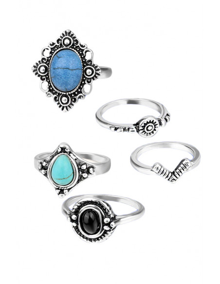 Set 5 inele etnice, modele variate cu pietre negre, bleu si bleumarin
