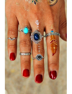 Set 5 inele etnice, modele variate cu pietre negre, bleu si bleumarin