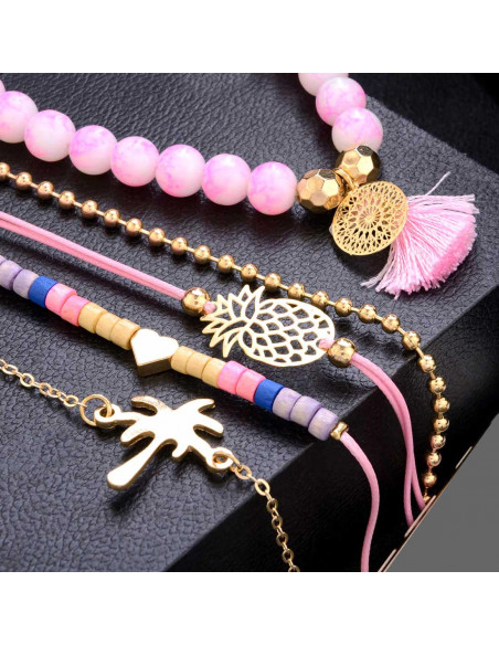 Set 5 bratari aurii, cu margele roz, palmier, ananas si mandala