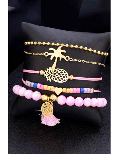 Set 5 bratari aurii, cu margele roz, palmier, ananas si mandala