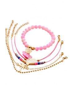 Set 5 bratari aurii, cu margele roz, palmier, ananas si mandala 2