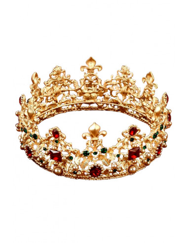 Coroana masiva aurie, Queen for a Day, cristale rosii, verzi si perle
