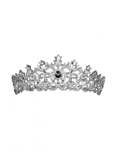 Tiara argintie Princess Delphine, frunze si cristale mari rotunde