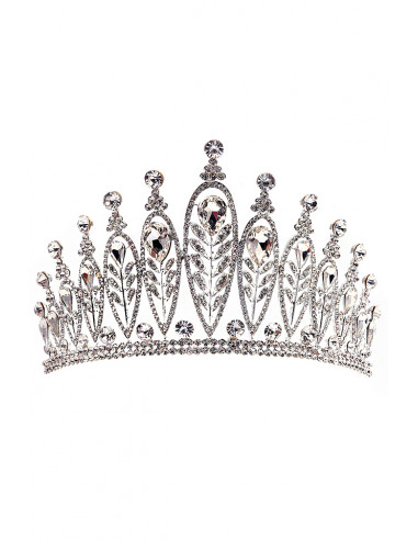 Tiara eleganta Queen Apailana, model inalt, ramuri cu frunze si cristale