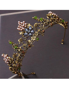Tiara eleganta Queen Titania, cu flori din cristale, struguri din perle si frunze 2