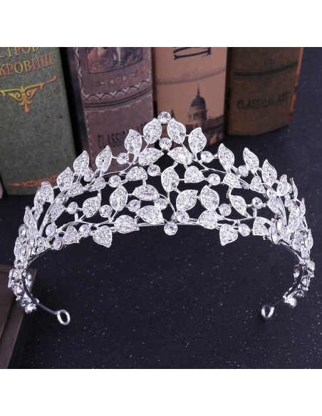 Tiara eleganta Winter Forest, cu frunzulite si cristale albe fatetate