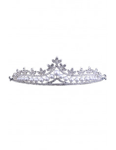 Diadema mireasa Cinderella, model delicat cu frunzulite, cristale rotunde si perle albe