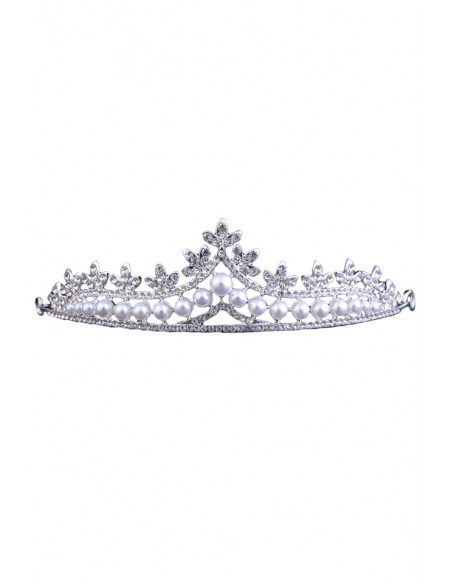 Diadema mireasa Cinderella, model delicat cu frunzulite, cristale rotunde si perle albe