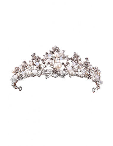 Tiara eleganta Rapunzel, model floral delicat, cu cristale albe fatetate si perle