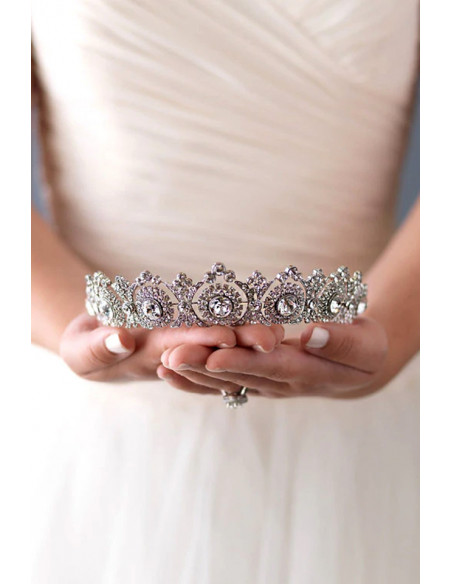 Tiara eleganta Principessa, model ingust cu rozete si cristale albe fatetate