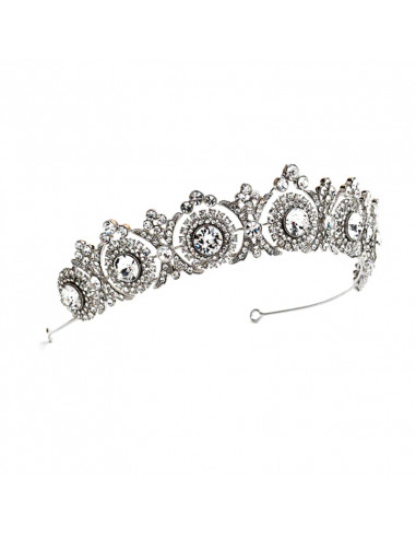 Tiara eleganta Principessa, model ingust cu rozete si cristale albe fatetate