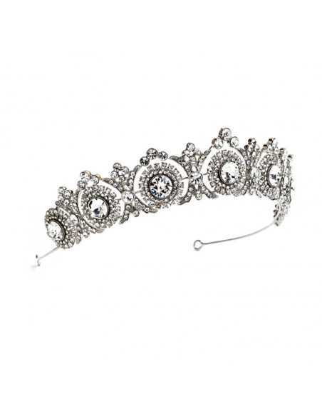 Tiara eleganta Principessa, model ingust cu rozete si cristale albe fatetate