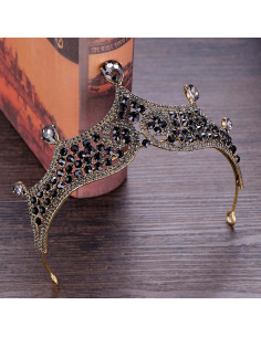 Tiara eleganta Queen Mab, model auriu patinat cu cristale negre 2