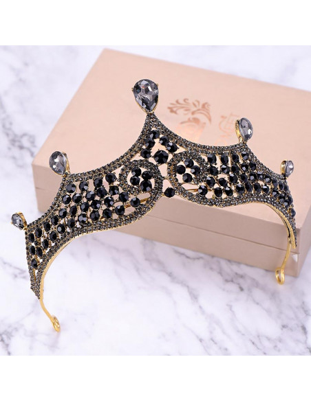 Tiara eleganta Queen Mab, model auriu patinat cu cristale negre