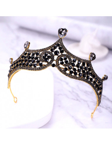 Tiara eleganta Queen Mab, model auriu patinat cu cristale negre