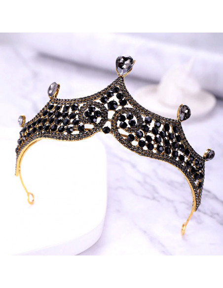 Tiara eleganta Queen Mab, model auriu patinat cu cristale negre