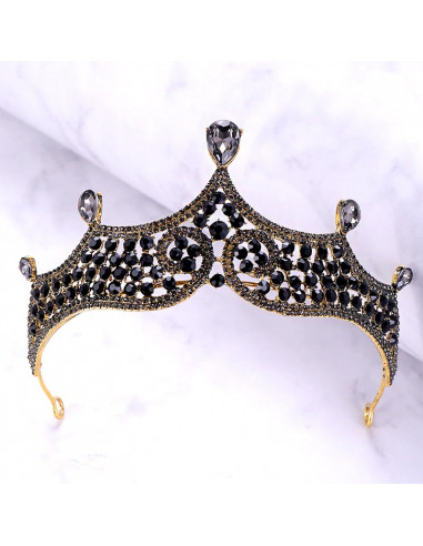Tiara eleganta Queen Mab, model auriu patinat cu cristale negre