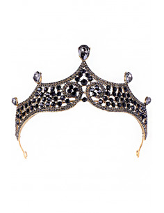 Tiara eleganta Queen Mab, model auriu patinat cu cristale negre