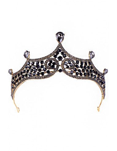 Tiara eleganta Queen Mab, model auriu patinat cu cristale negre