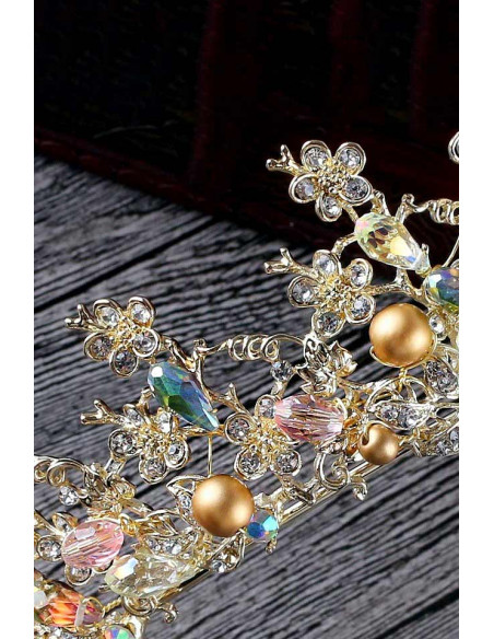 Tiara Golden Pearls, cu cristale, margelute, perle aurii si floricele
