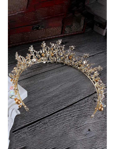 Tiara Golden Pearls, cu cristale, margelute, perle aurii si floricele