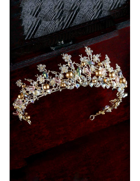 Tiara Golden Pearls, cu cristale, margelute, perle aurii si floricele
