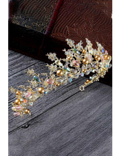 Tiara Golden Pearls, cu cristale, margelute, perle aurii si floricele 2