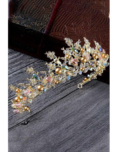Tiara Golden Pearls, cu cristale, margelute, perle aurii si floricele