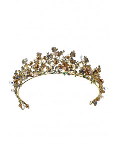 Tiara Golden Pearls, cu cristale, margelute, perle aurii si floricele