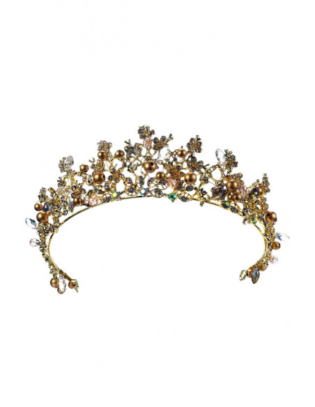 Tiara Golden Pearls, cu cristale, margelute, perle aurii si floricele
