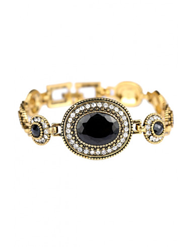 Bratara vintage glam, medalioane ovale cu cristale negre/turcoaz