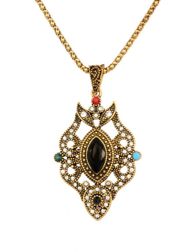 Colier vintage glam, medalion alungit floral, cu cristal negru