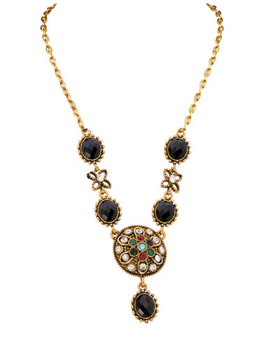 Colier vintage glam, medalion floare cu cristale colorate si pietre negre