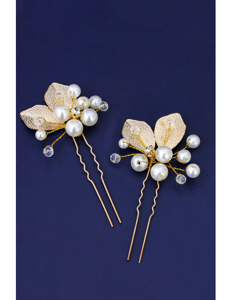 Set doua agrafe pentru mireasa cu frunze aurii, perle si cristale albe