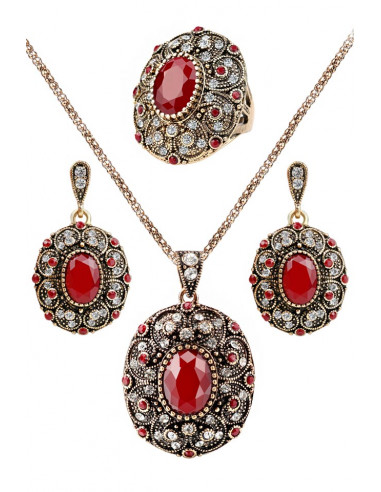 Set vintage cu cristale rosii si albe, medalioane ovale model floare