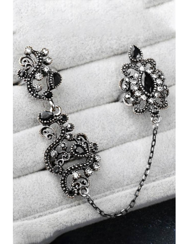 Inel vintage dublu, legat cu lantisor fatetat, model turcesc spiralat cu cristale si hematite