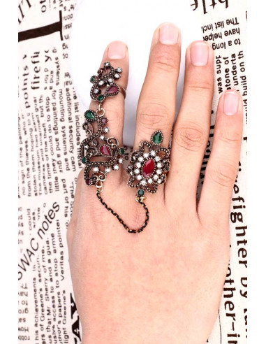 Inel vintage dublu, legat cu lantisor fatetat, model turcesc spiralat cu cristale si hematite
