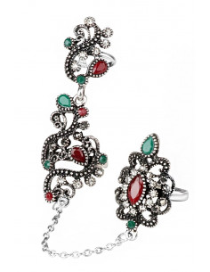 Inel vintage dublu, legat cu lantisor fatetat, model turcesc spiralat cu cristale si hematite 2