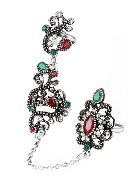 Inel vintage dublu, legat cu lantisor fatetat, model turcesc spiralat cu cristale si hematite