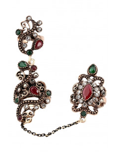 Inel vintage dublu, legat cu lantisor fatetat, model turcesc spiralat cu cristale si hematite