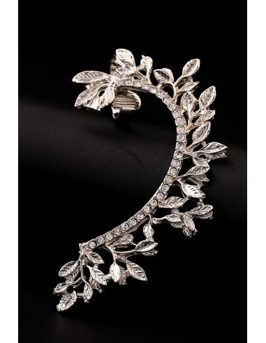 Cercel ear cuff elegant, ramura cu frunze si cristale albe mici rotunde