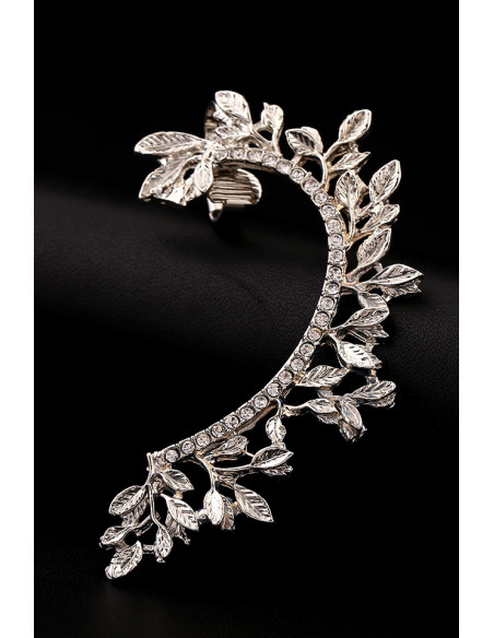 Cercel ear cuff elegant, ramura cu frunze si cristale albe mici rotunde