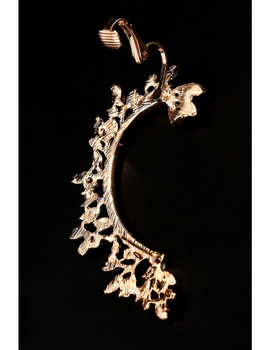 Cercel ear cuff elegant, ramura cu frunze si cristale albe mici rotunde