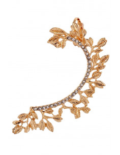 Cercel ear cuff elegant, ramura cu frunze si cristale albe mici rotunde