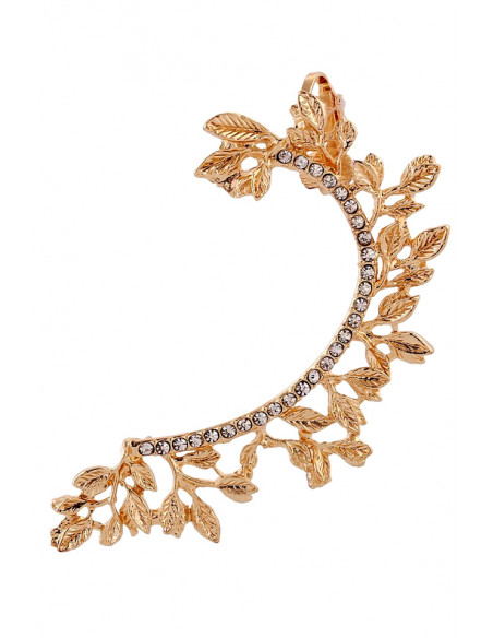 Cercel ear cuff elegant, ramura cu frunze si cristale albe mici rotunde