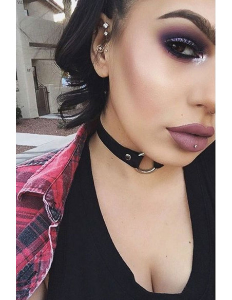 Colier choker din piele ecologica, cu inel mare argintiu