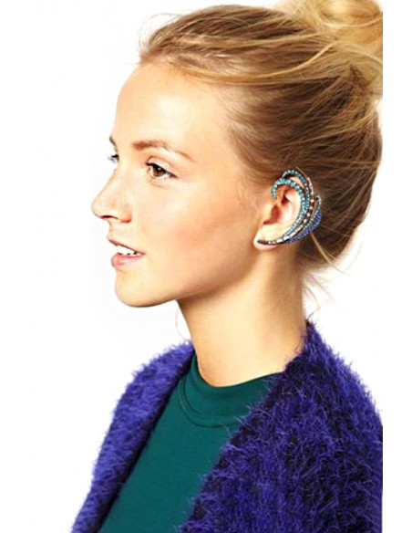 Cercel tip ear cuff, model cu cristale albe si albastre
