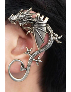 Cercel tip ear cuff, model cu dragon cu creasta si aripi mici, coada ascutita, prindere pe ureche 2